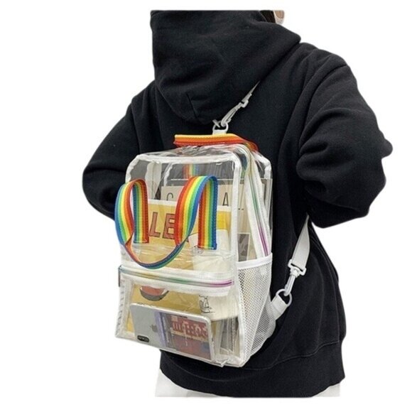 Clear PVC Backpack Rainbow Straps Adjustable & Zipper Pockets 9.5 "x12.6 "x 5.1" - Picture 3 of 9